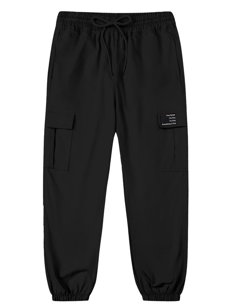 SANGTREE Girls Cargo Pants, Elastic Waist Drawstring Loose Tapered Multi Pockets Cargo Jogger Pants for Girl, Black, 9-10 Years Big Kid = Tag 150 - Image 2
